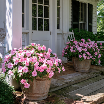 SunPatiens® Compact Orchid Blush (Impatiens x hybrida) in a round 4 inch pot